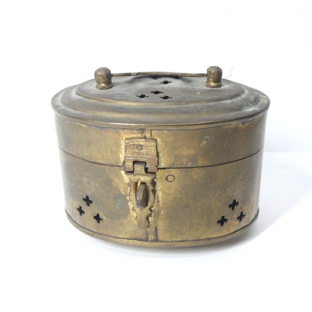 Brass Cricket Box Oval Trinket Box Hinged Lid Oval Vintage India